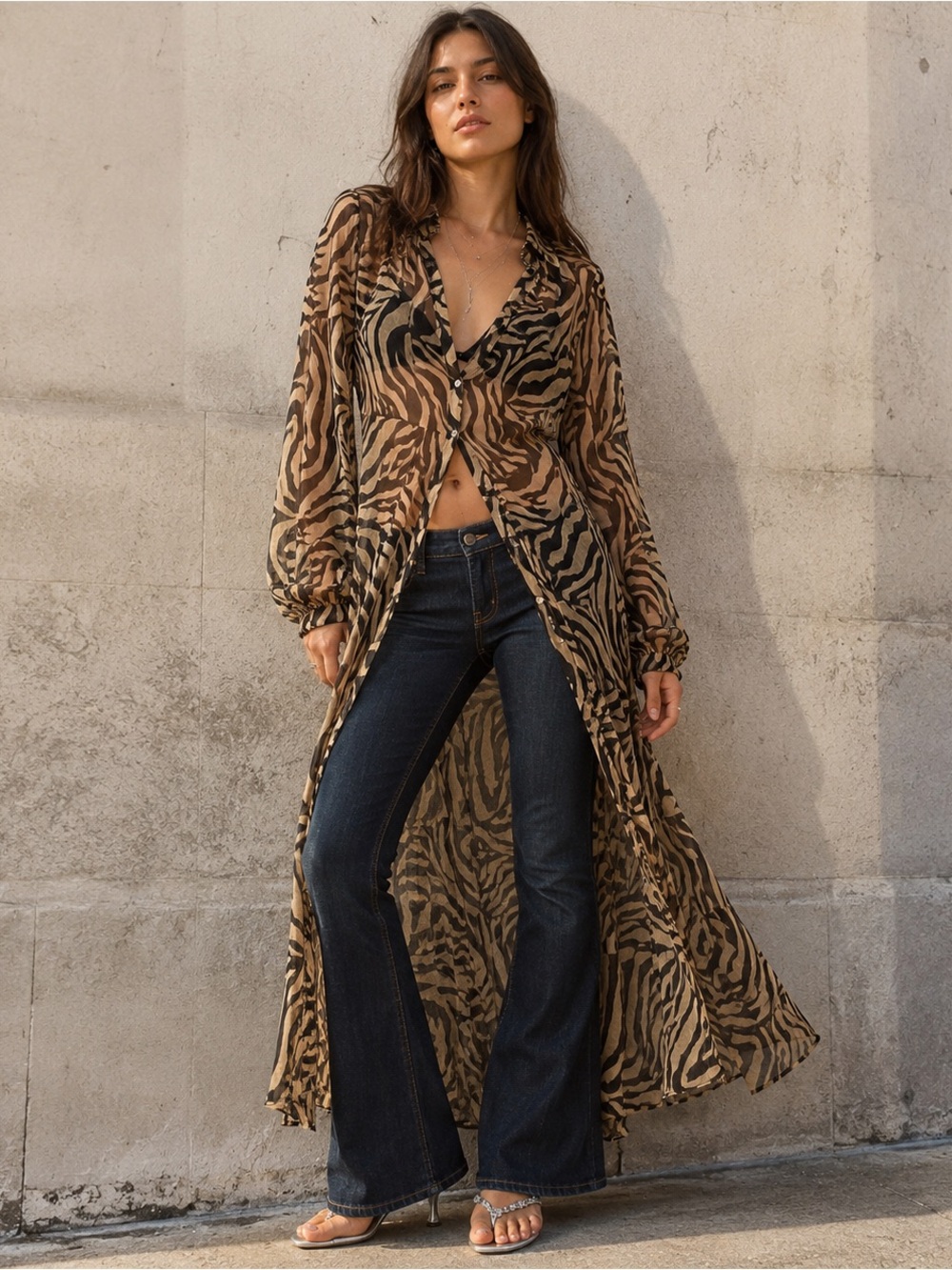 Johnny Was Cheetah Print Silk Maxi Dress XS Sheer Boho Y2K